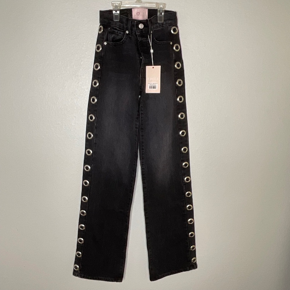 REVICE DENIM Holey Grail Super 80s Black Distressed Grommet Circles Jeans eyelet